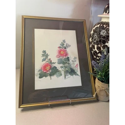 £24.53 • Buy Vintage Framed Water Color Hollyhocks Flower Print By Mads Stage