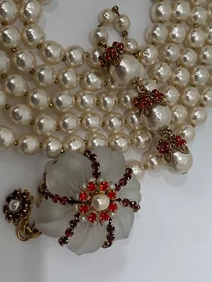 Sign Miriam Haskell Pearls Baroque Glass Flower Red Rhinestone Necklace Jewelry • $34