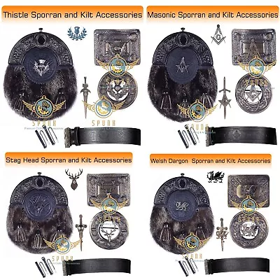 Mens Scottish Kilt Seal Skin Sporran & Kilt Accessories Brooch Pin Belt & Buckle • $84.55