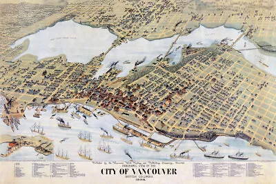 1800's Map City Of Vancouver British Columbia Canada Bird Eye View Repro Poster • $10.96