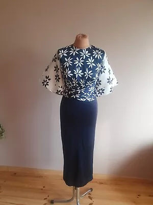 ISSA £899 Kimono Top Midi Silk DRESS Navy Blue White Floral Print VGC XS S 6 2 • $74.71
