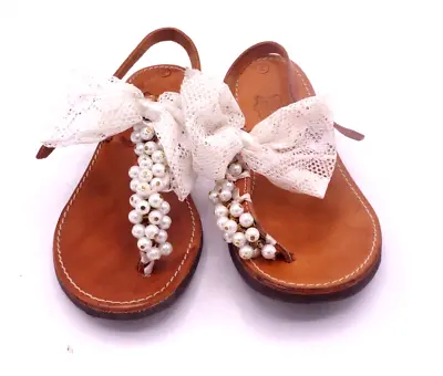 Rhodes Leather Thong Slide Sandals Womens Sz 7 Beaded W/Bow Made In Greece • $24.99