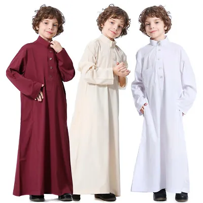 Kids Boys Muslim Dresses Children Jubba Thobe Kaftan Abaya Arabian Robe Dress • £15.99