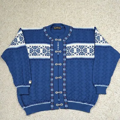 Vintage Nordstrikk Clasp Cardigan Mens XL Blue Pure New Wool Norway Fair Isle • $66.66