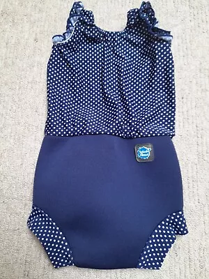 Splash About Baby Girls Navy Blue Swimming Costume Nappy Large UPF 50+ Age 6-12m • £2