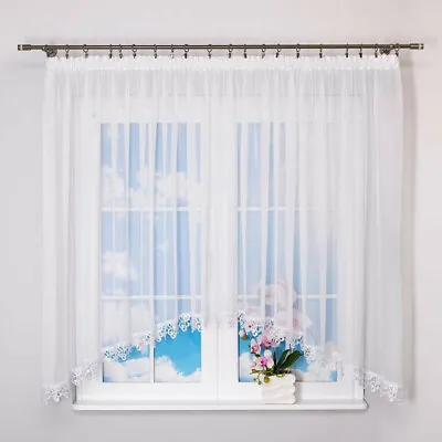 Voile Curtains Ready Made With Lace 400x150cm Ready To Hang White • £18.99