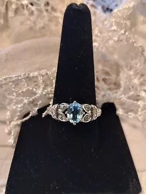 Signed Vintage Aqua Marine & Cubic Zirconia 925 Ring Size 10.5 See Description:) • $45