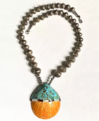 Vintage Native American Sterling Stamped Bead Necklace & Turquoise Shell Pendant • $117