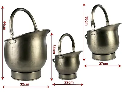 Set Of 3 Heavy Duty Coal Scuttles Buckets Hods Antique Pewter Finish Fireplace • £98