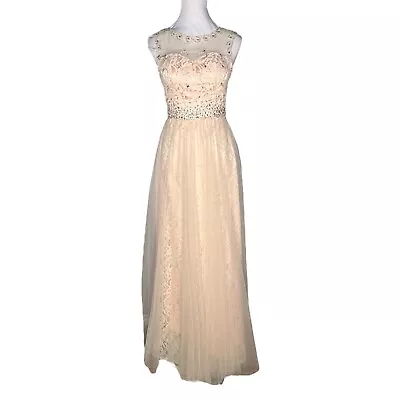 Sz 2 Beaded Illusion Neckline Lace Tulle Over Skirt Gown Blush Pink Ivory Fairy • £95.31