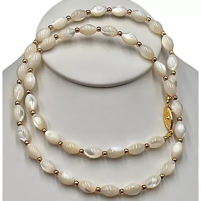 Retro Estate Gold & Mother Of Pearl Rice Bead 22  VTG Necklace MCM Hawaiian USA • $40