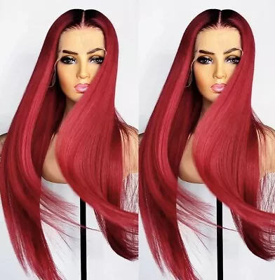 Women T Lace Front Wig  Heat Resistant Synthetic Hair Ombre Red Long Straight • $29.99
