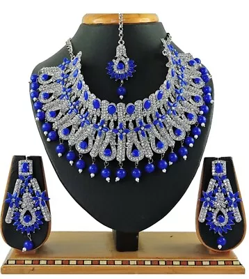 Blue Pearl Stud Indian Sliver Plated Jewelry Necklace Earrings Mang Tika Choker • $43.99