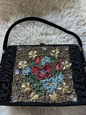 Vintage 50s Caron Of Houston Floral Beaded And Needlepoint Hand Bag Black • $35