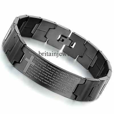 8.5  Mens English Bible Prayer Cross Black Stainless Steel Bangle Bracelet*16MM • $9.59