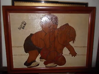 Sumo Wrestler Original Wood Sculpture Baby Sumo On Paneling One Of A Kind • $300