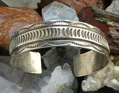 Vintage Native American Sterling Silver Appliqué Cuff Bracelet Feather Hallmark • $225