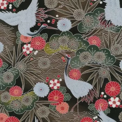 Fat Quarter Koko Japanese Brown Silver Green Red Floral Crane 100% Cotton Fabric • £3.95