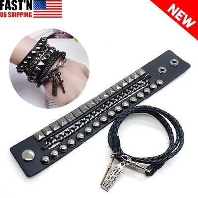 Mens Punk Gothic Biker Black Leather Rivet Button Bangle Wristband Bracelet Gift • $9.59