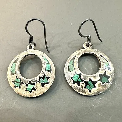 Vintage Malachite Inlay & Sterling Silver 925 Round Drop Earrings • $24.99