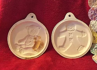 2 Vintage Stoneware Cookie Molds Of Gingerbread Man & Teddy Bear Round W Hanger • $15