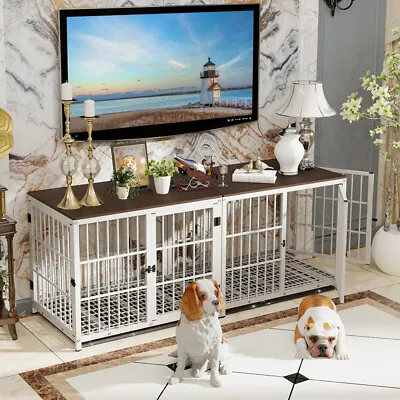 Large Wooden Dog Crate Chew-Proof Wire Pet Kennel Cage 3 Door Sideboard EndTable • £229.93