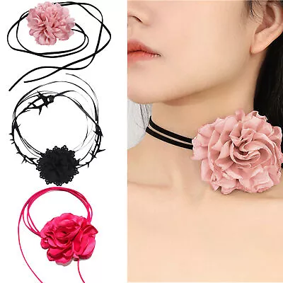 Women Flower Choker Necklace Large Rose Neck Tie Long Wrap Velvet Cord Collar • $10.89