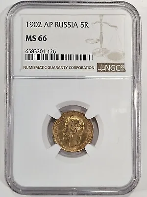 1902 Russia 5 Rouble Ruble Gold Uncirculated Coin MS66 NGC • $555