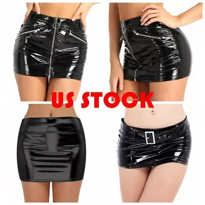 US Womens Wet Look Mini Skirt Bodycon Shiny Leather Short Dress Club Nightwear  • $9.39