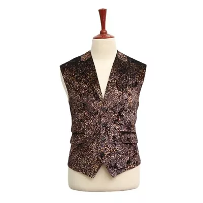 Mens Vest Suit Lapel Brown Cheetah Print Velvet Dress Formal Waistcoat XL 46 • $59.99