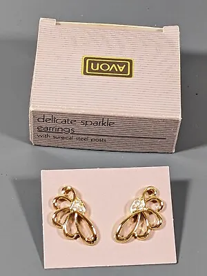 Vintage Avon Delicate Sparkle Earrings Gold Tone Ribbon Bow Rhinestone • $9.09