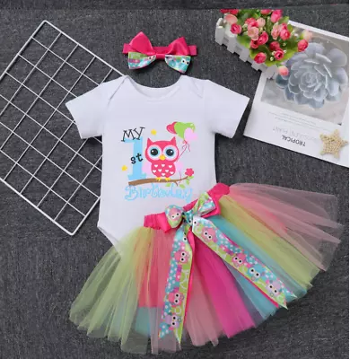 Baby Girl Owl My 1st Birthday Outfit Romper Tutu Cake Smash Photoshoot 3 Pc • $45