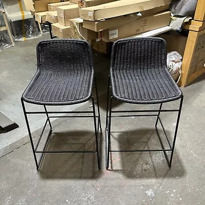 2x Bar Stools Black With Woven Wicker Style Ex Display Sled Base VGC • $70