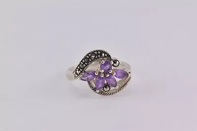 Sterling Silver Purple Amethyst Flower Marcasite Cable Band Ring 925 Sz: 8 • $25.50