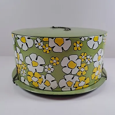 $39.99 • Buy Vintage 70s Ballonoff Metal Round Cake Carrier Avocado Green White Gold Flowers