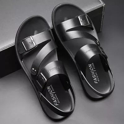Men Casual Double Buckle Leather Shoes Summer Roman Hollow Out Sandals Beach NEW • £22.79