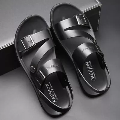 Men's Casual Double Buckle Leather Shoes Summer Roman Hollow Out Sandals Beach • £24.13