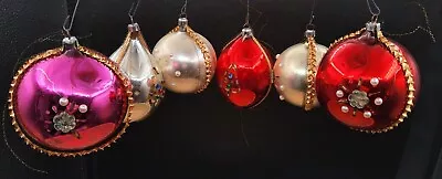 6 Vintage West Germany Mercury Glass Wire Wrapped Beaded Christmas Ornaments • $60