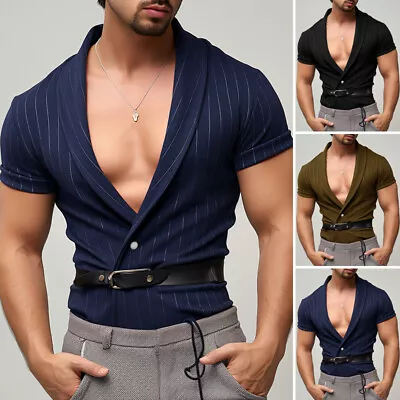 INCERUN Men Deep V-Neck Short Sleeve Striped Casual T Shirt Clubwear Blouse Tops • $18.99