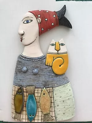 OOAK Ceramic Wall Art By Blagovesta Makedonska - Woman Cat And Fish • $65