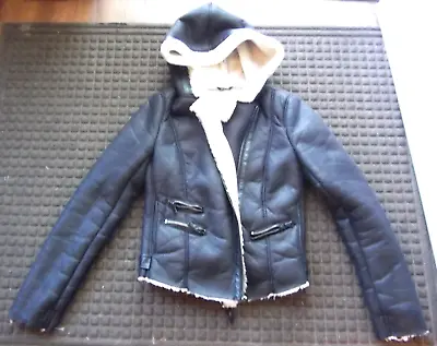 $20 • Buy Zara Black Faux Fur Leather Moto  Jacket Coat Woman L Hooded Zippers