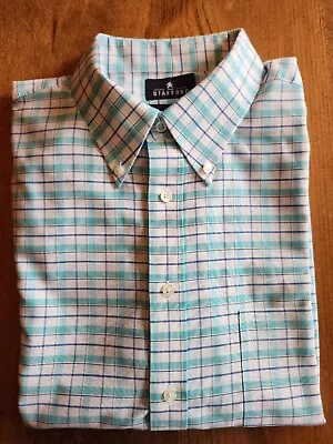 Mens Stafford Wrinkle Free Oxford Dress Shirt Travel Aqua Blue 17.5 Short Sleeve • $8.49