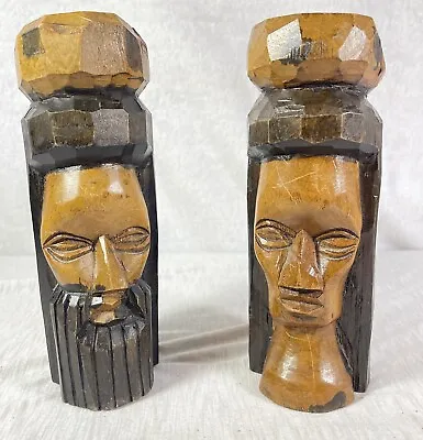 Vintage Set Of 2 Hand Carved Wooden Jamaican Tiki Man Woman Heads Folk Art • $29.97