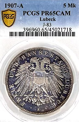 German States Lubeck 1907 5 Mark Coin Thaler Taler PCGS PR 65 CAMEO PP/PROOF UNC • $7200