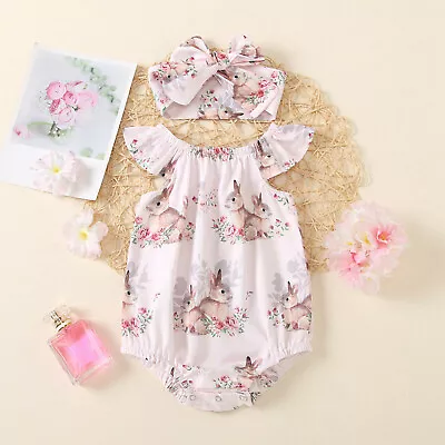 Newborn Baby Girl Easter Bunny Printed Outfit Bodysuit Romper Headband Set 0-24M • £7.98