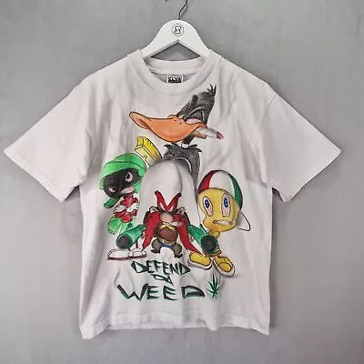 Looney Tunes T Shirt Medium White Vintage Tweety Daffy Defend Da Weed Cartoon • £29.99