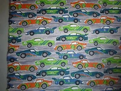 Race Cars On Grey Cotton Fabric - 15 INCHES WIDE And 36 INCHES LONG • $3.25