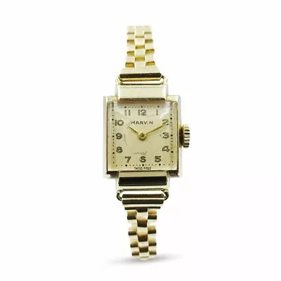 Gold Watch Ladies Mechanical Wind 9ct Marvin 16mm Swiss Made 375 • £475