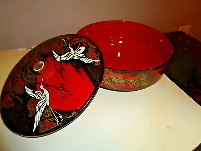 Vintage Japanese Plastic Lacquer Style Black Red Covered Bowl Bird Design 7 D  • $14.99