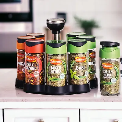 Revolving Rotating Spice Rack Jar Herbs Spices Set Engraved Handle- 8pc Schwartz • £18.99